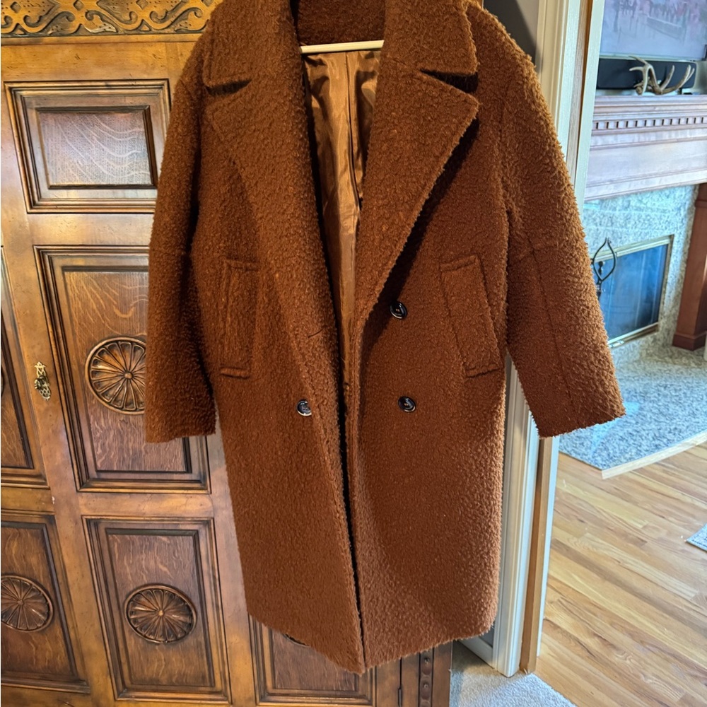 Topshop Double-Breasted Brown Teddy Pea Coat